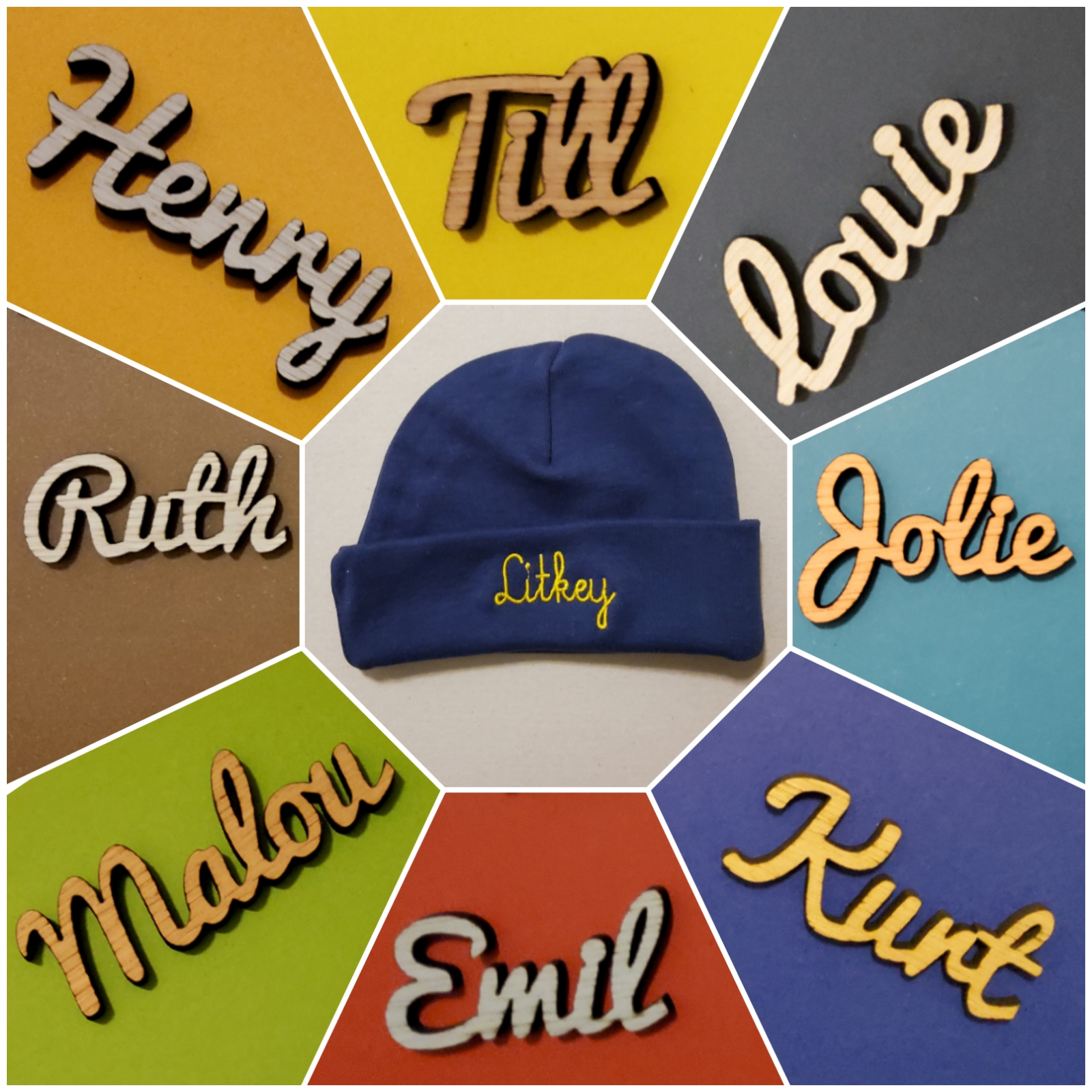 Blaue Mütze mit Aufschrift "Litkey" und acht Kinder-Namen