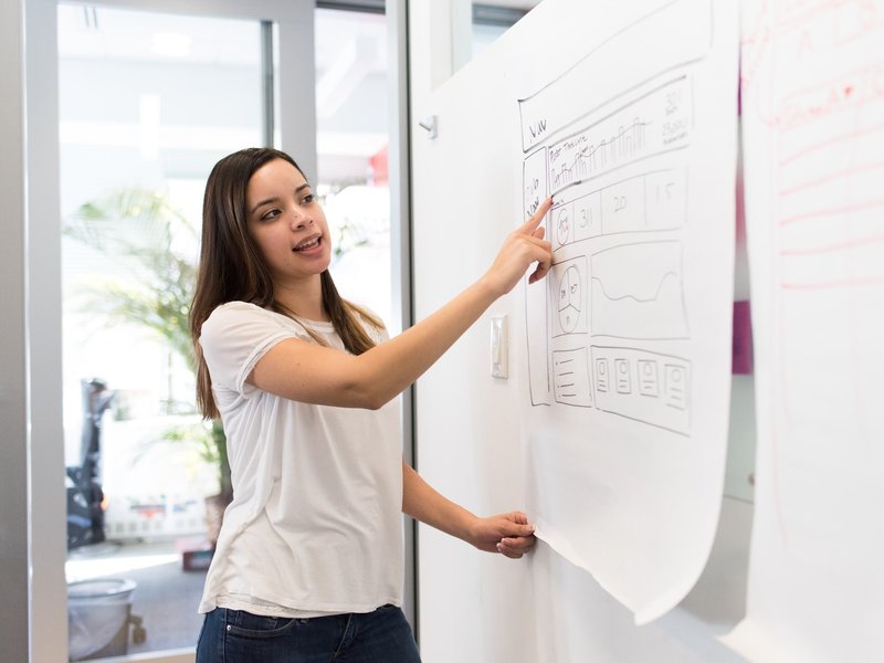 Studierende während einer Präsentation, sie steht an einer Wand mit beschriebenen Postern und zeigt hierauf.