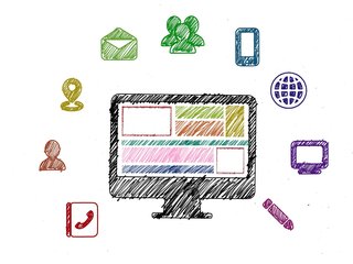 Zeichnung eines Monitors, darum herum Symbole für E-Mail, Telefon etc.